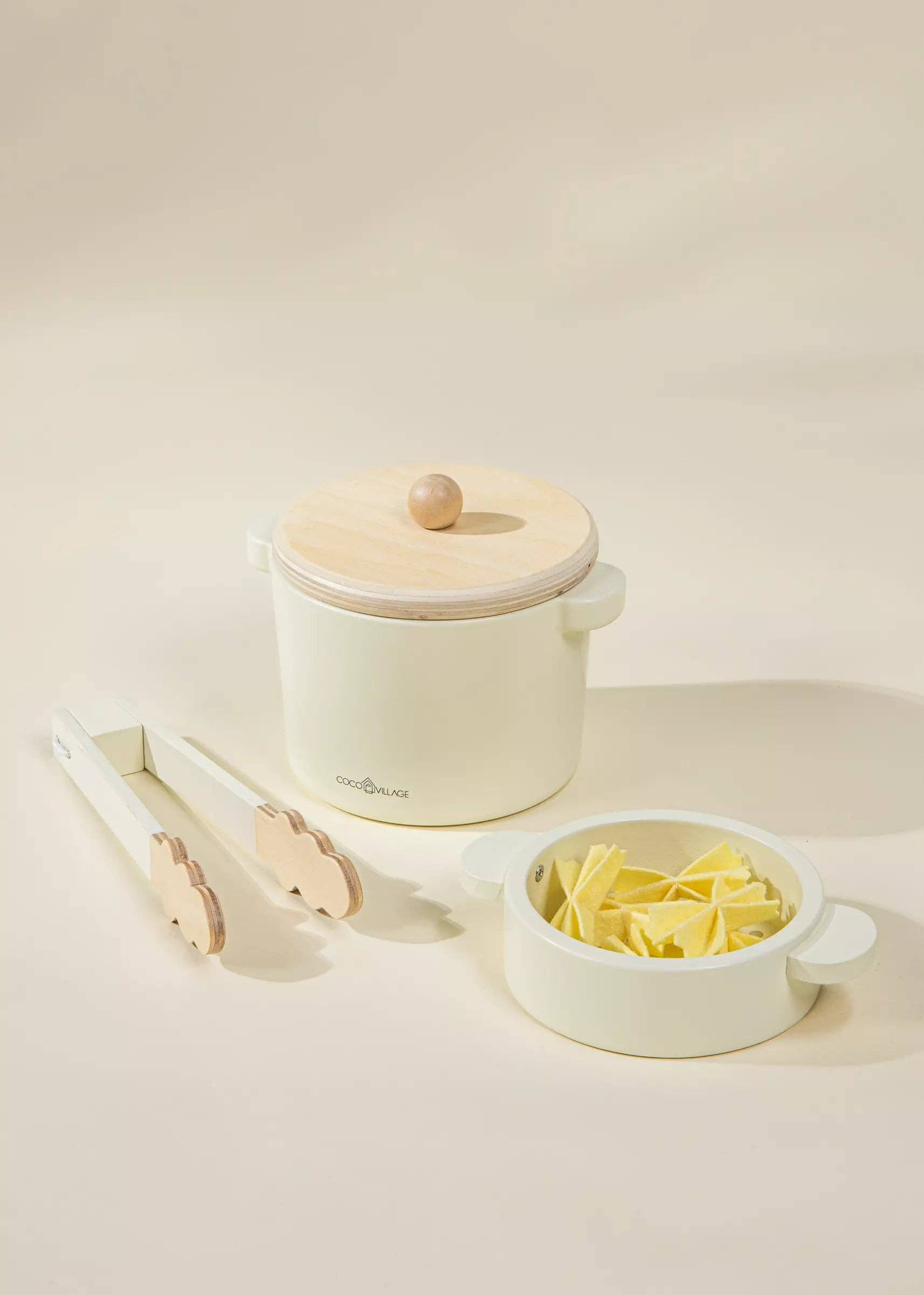 Houten Pasta Speelset | Complete keukenrolset met pan, vergiet en vilten pasta