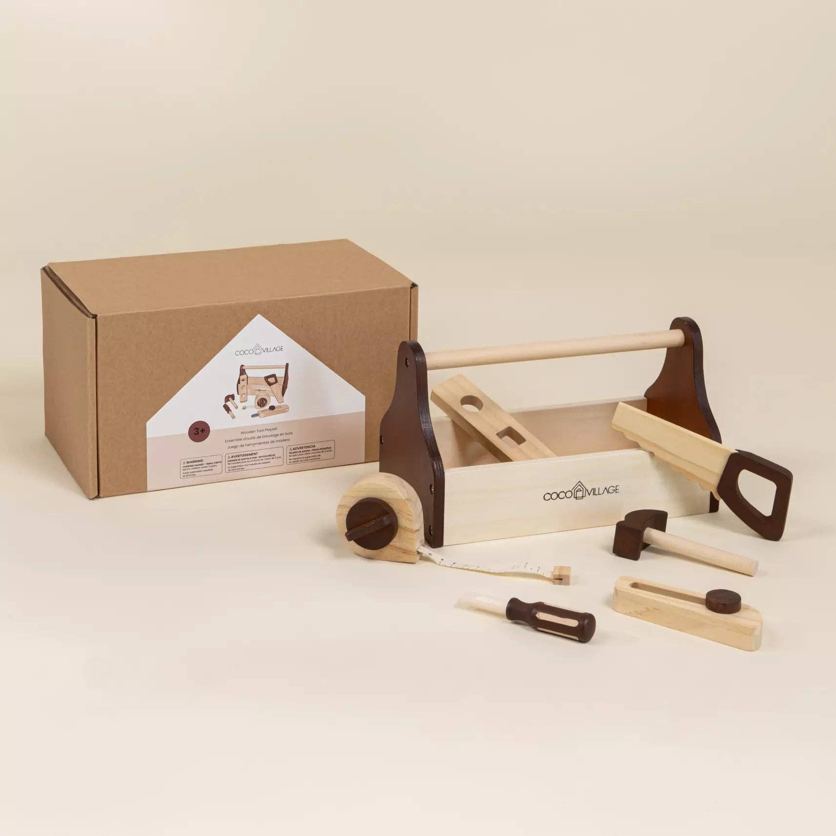 Wooden Tool Playset | Starter set with box, saw, hammer and measuring tools
