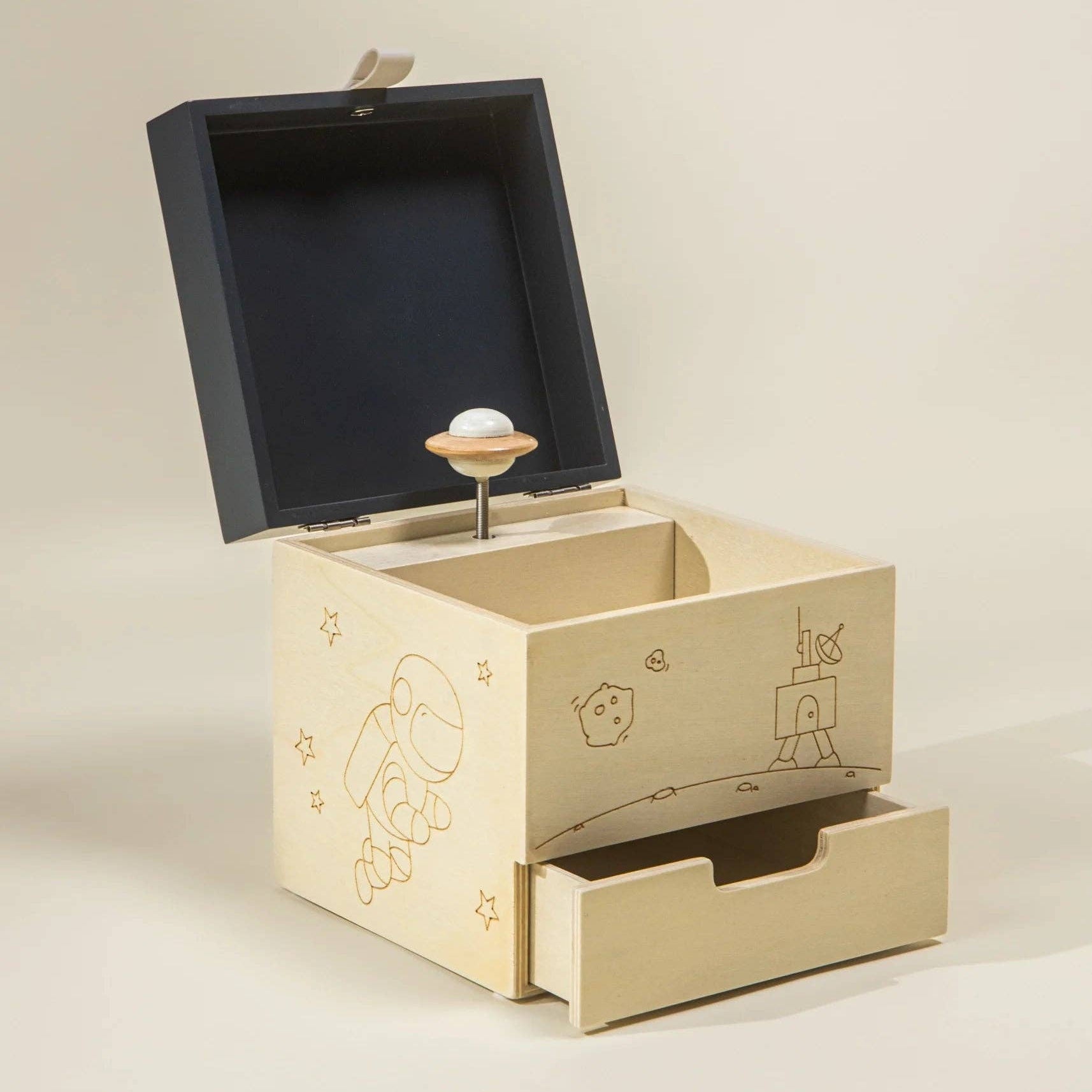 Houten Muziekdoos Ruimte | Met planeetje en Moonlight-Sonata melodie