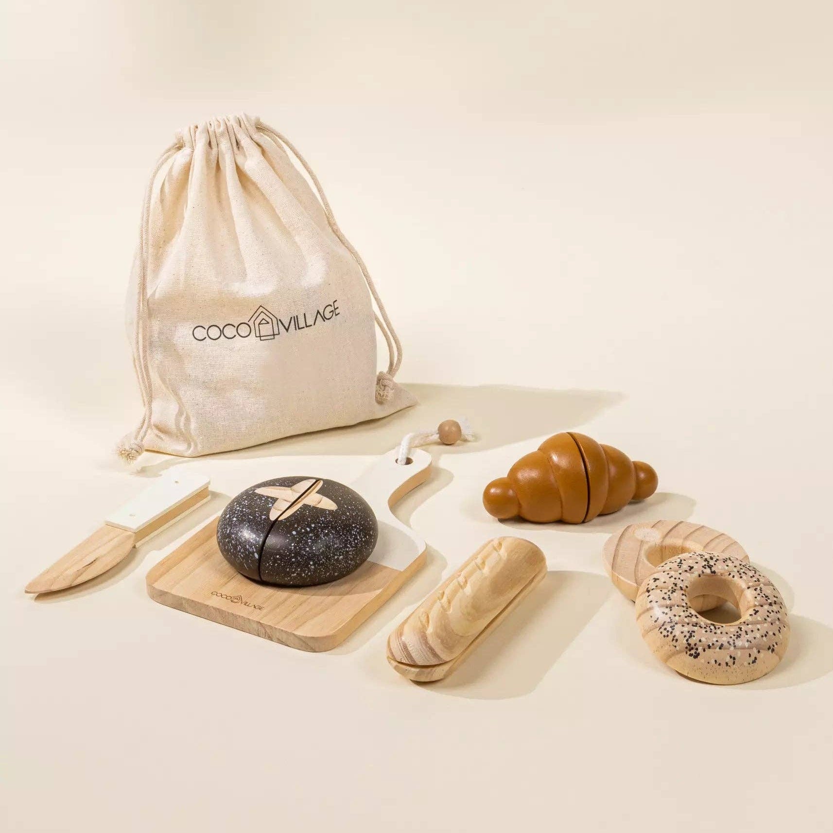 Houten Bakkerij Speelset | Marktset met 4 broodsoorten, mes en snijplank